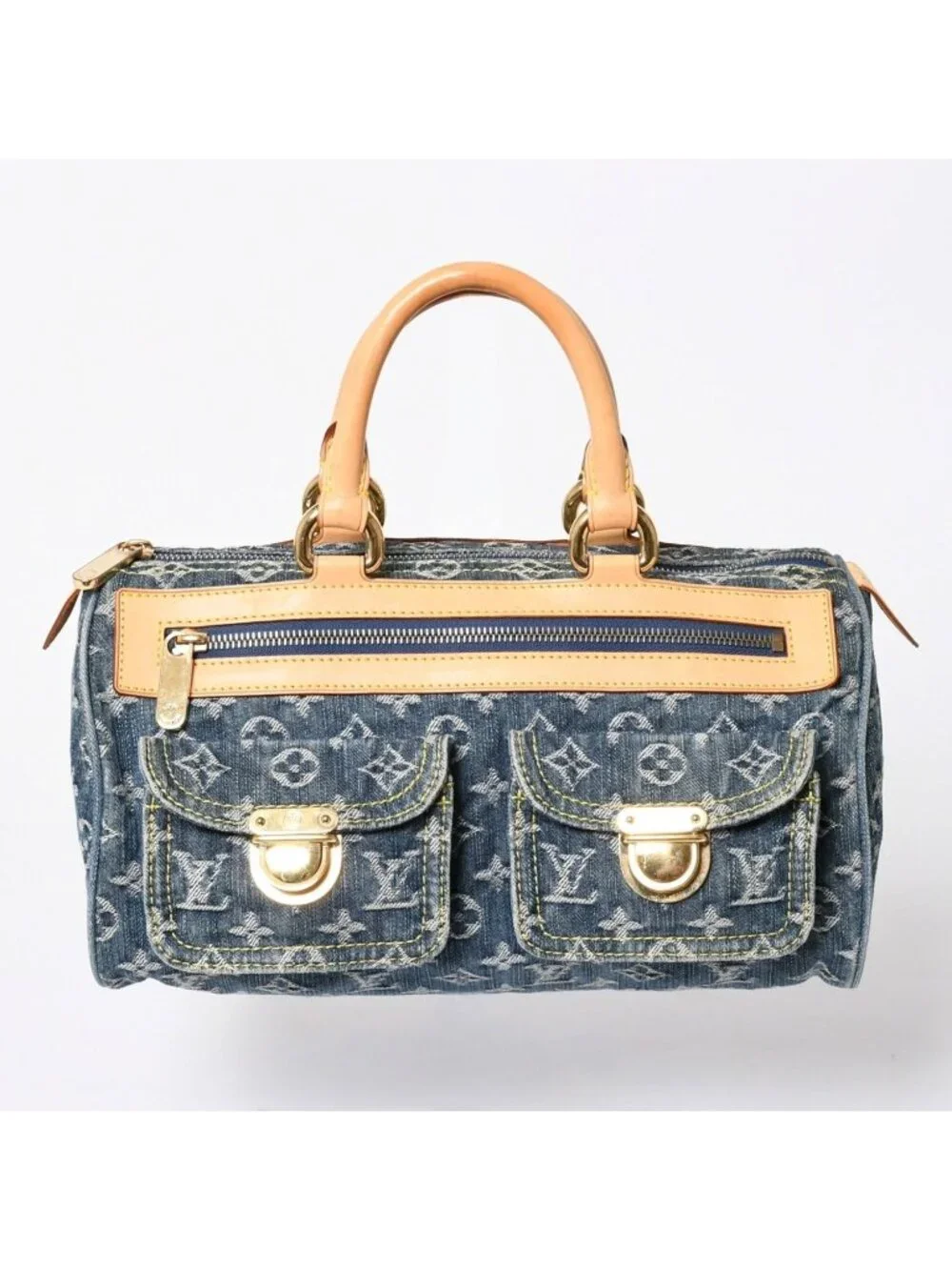 Louis Vuitton Neo Speedy Handbag Monogram Denim Indigo Blue Gold